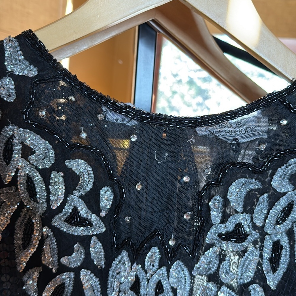 Vintage 80s Silk Beaded Sequin Top Petite Illustrations Black Silver Blouse PM - Picture 7 of 13